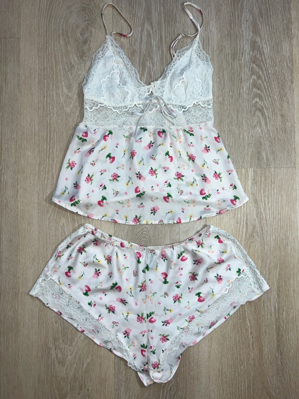 Victoria's Secret White & Pink Floral Lace Trim Pajama Set